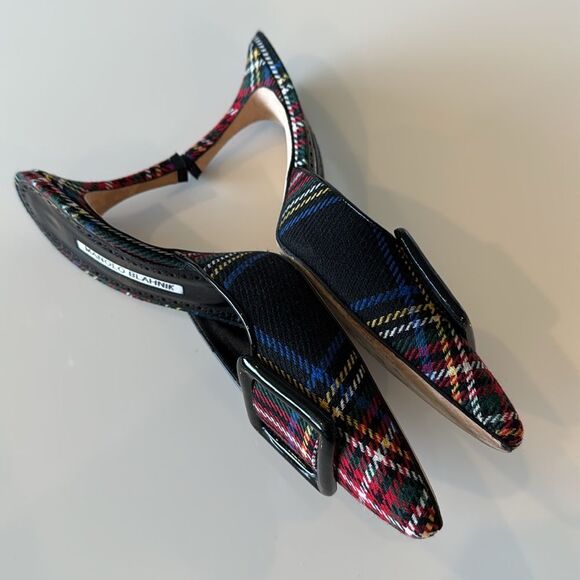 Manolo Blahnik Plaid Maysale Buckle Mules Blue Red EU 38 US 8 Shoes - Picture 4 of 8